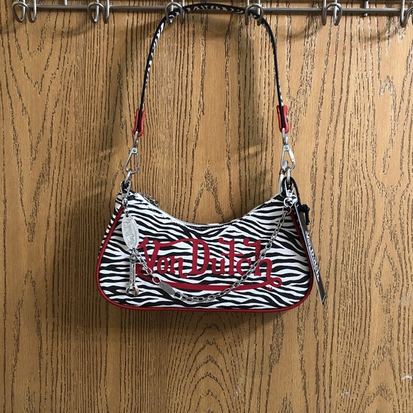 Von Dutch Handbags - Von Dutch Zebra Print Shoulder Bag Red Trim & Logo Silver Chain + Wrench NWT